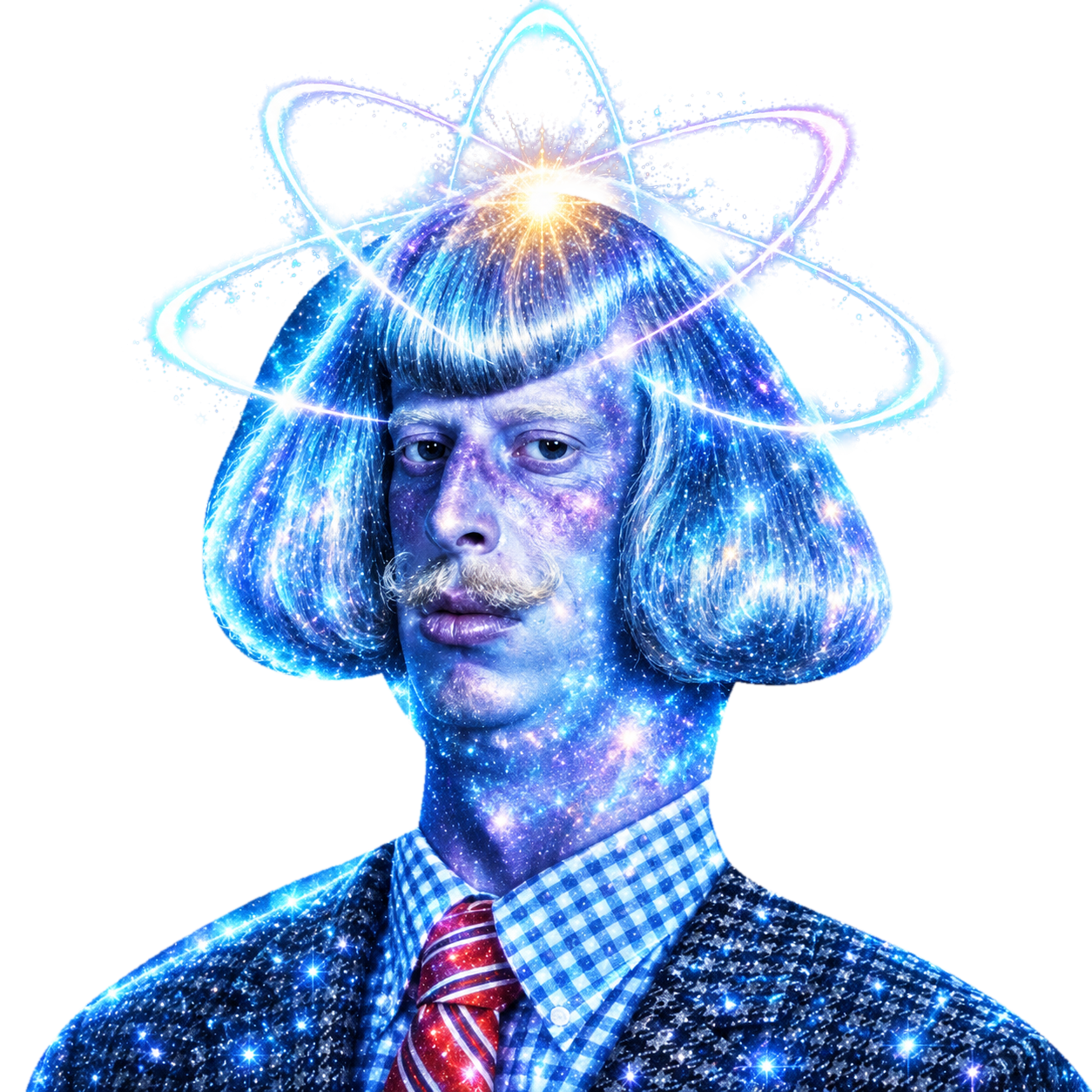 Quantum Phil, a cosmic bowl-cut visionary surrounded by luminous atomic energy